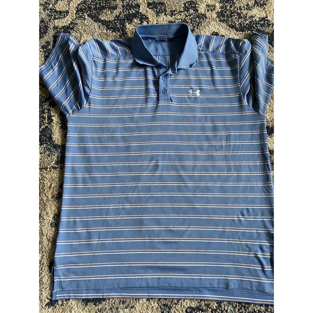 Under Armour Mens Polo, Blue Striped, Size Medium, Small Flaw (See Picture)